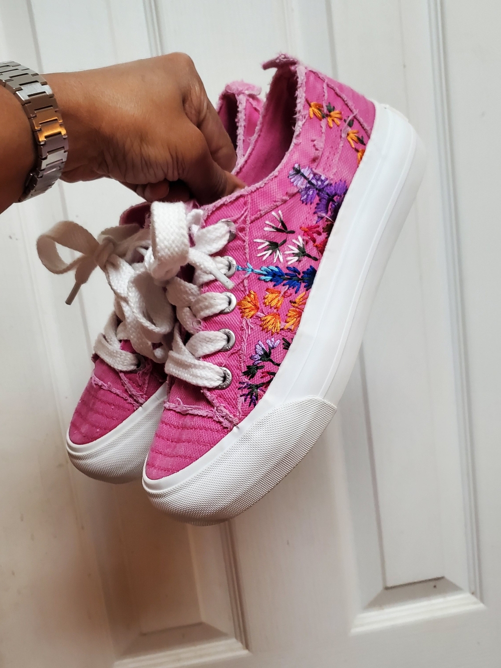 Pink Canvas  Flower Embroidered Platform Sneakers